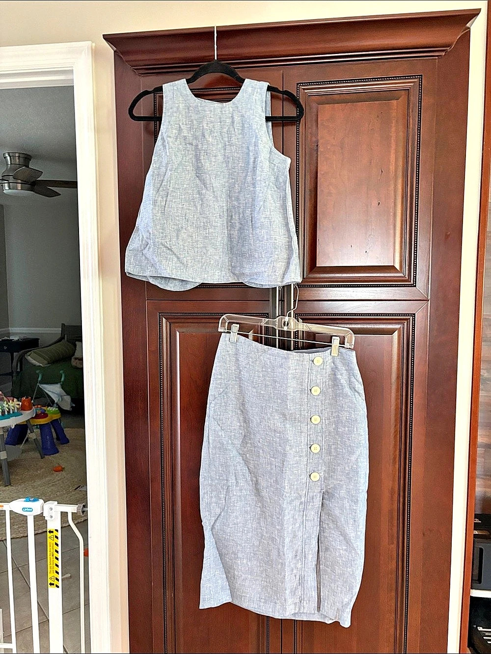 LOFT Linen Button Front Midi Skirt Set in Blue Size XS Petite Like New